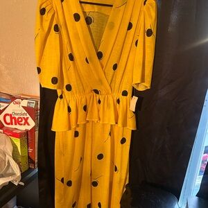Vintage Dress Yellow with Black Polka Dots Sz16 New with Tag Made In USA
